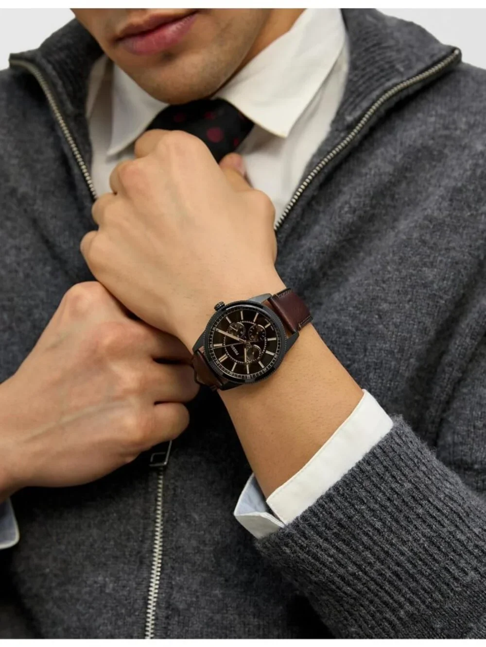 Men's Brown/Black Pearson Multifunction Leather Strap Waterproof Wrist Watch